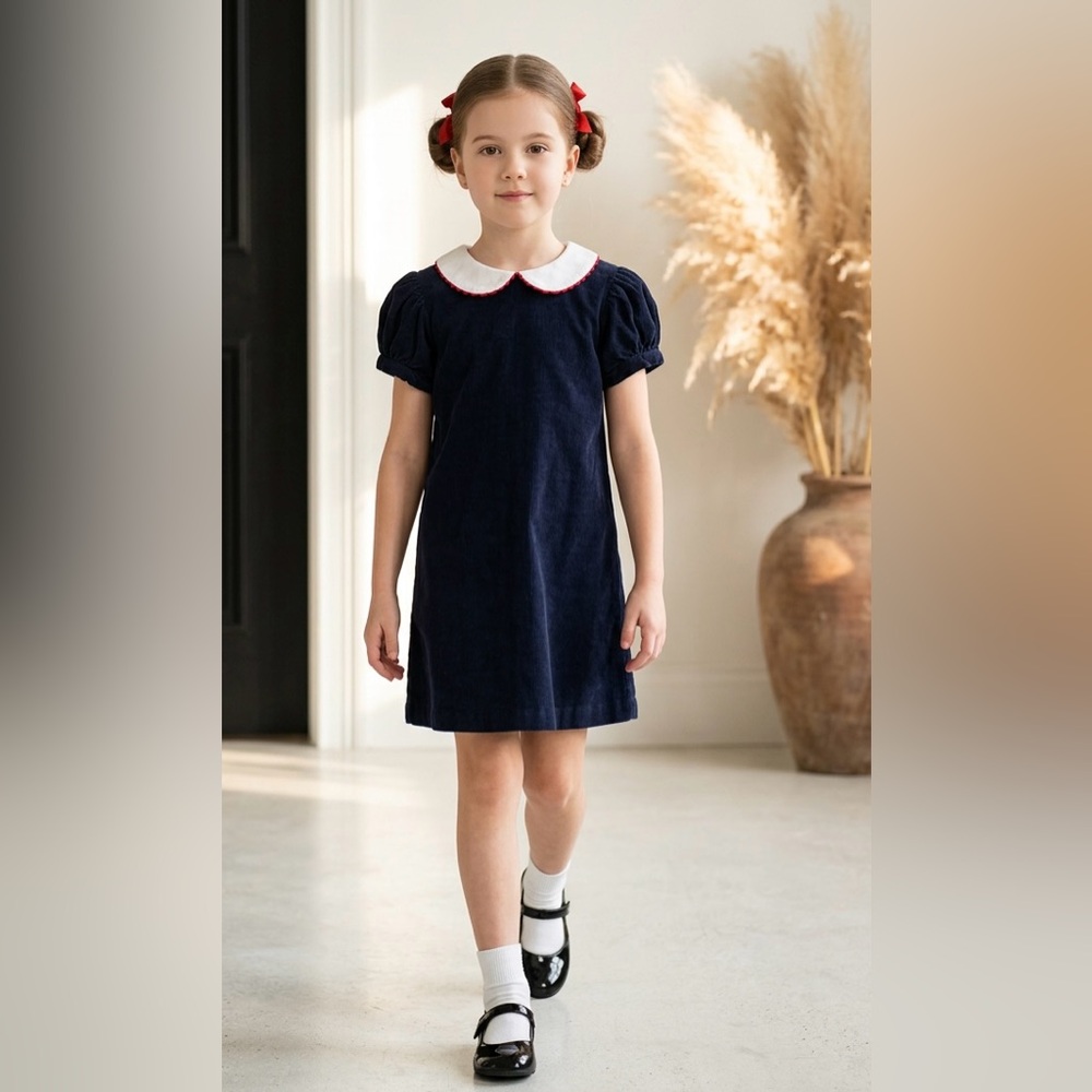 Monday’s Child 2T Dress Toddler 2 Navy Blue white collar red ric rac puff SS